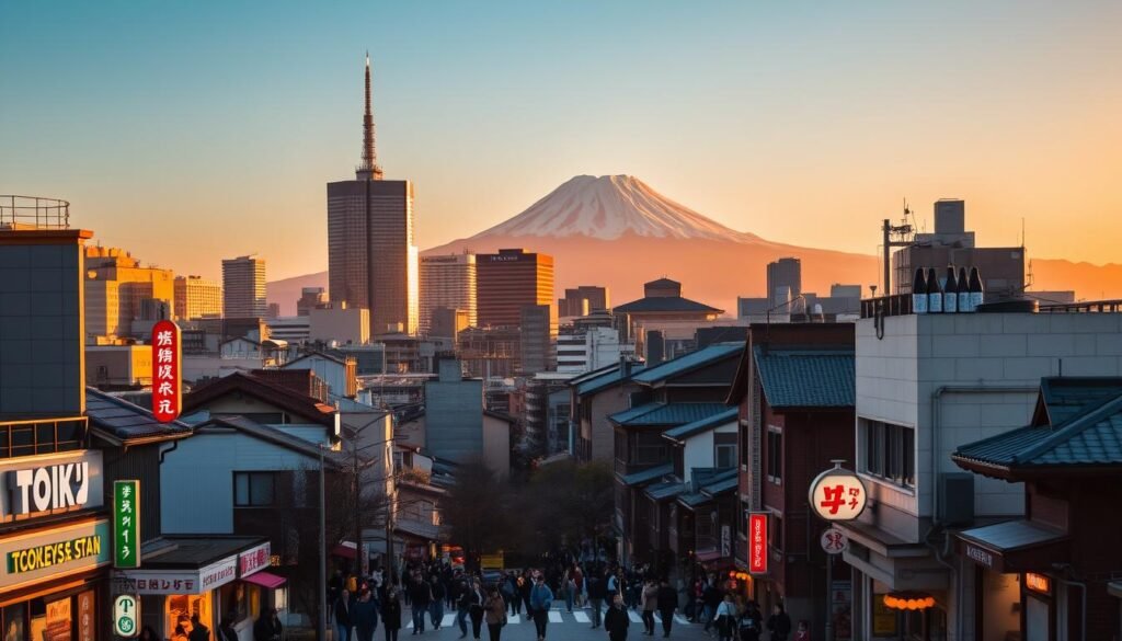A vibrant cityscape at the golden hour, showcasing the iconic architecture of Tokyo. In the foreground, a bustling street with people strolling, the neon signs of local shops and restaurants casting a warm glow. In the middle ground, the towering silhouettes of skyscrapers and the distinctive roof lines of traditional Japanese buildings. The background features the snow-capped peak of Mount Fuji, bathed in the soft, amber light of the setting sun. The overall scene conveys a sense of tranquility and harmony, capturing the essence of the best time to experience the energy and cultural richness of Tokyo. A vibrant cityscape at the golden hour, showcasing the iconic architecture of Tokyo. In the foreground, a bustling street with people strolling, the neon signs of local shops and restaurants casting a warm glow. In the middle ground, the towering silhouettes of skyscrapers and the distinctive roof lines of traditional Japanese buildings. The background features the snow-capped peak of Mount Fuji, bathed in the soft, amber light of the setting sun. The overall scene conveys a sense of tranquility and harmony, capturing the essence of the best time to experience the energy and cultural richness of Tokyo.