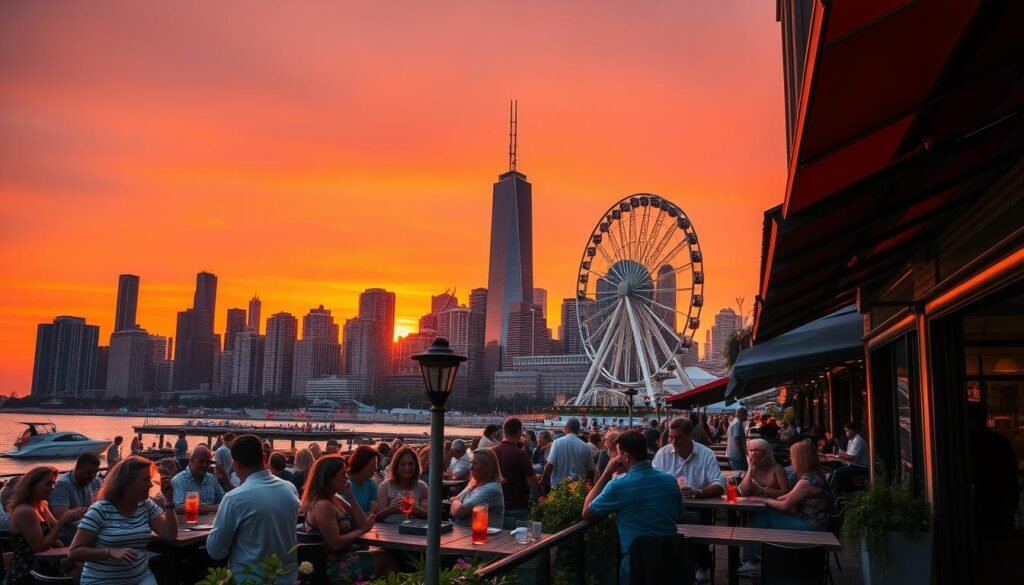 A vibrant cityscape bathed in the warm glow of the golden hour, Chicago's iconic skyline stands tall against a vibrant orange-red sky. In the foreground, a bustling sidewalk cafe with people enjoying al fresco dining, sipping on refreshing drinks and soaking up the lively atmosphere. In the middle ground, the towering Willis Tower casts a majestic shadow, while the Navy Pier Ferris wheel spins slowly, offering panoramic views of the city. The scene exudes a sense of energy, optimism and the perfect balance of urban dynamism and serene tranquility, capturing the essence of the best time to explore this captivating city. A vibrant cityscape bathed in the warm glow of the golden hour, Chicago's iconic skyline stands tall against a vibrant orange-red sky. In the foreground, a bustling sidewalk cafe with people enjoying al fresco dining, sipping on refreshing drinks and soaking up the lively atmosphere. In the middle ground, the towering Willis Tower casts a majestic shadow, while the Navy Pier Ferris wheel spins slowly, offering panoramic views of the city. The scene exudes a sense of energy, optimism and the perfect balance of urban dynamism and serene tranquility, capturing the essence of the best time to explore this captivating city.