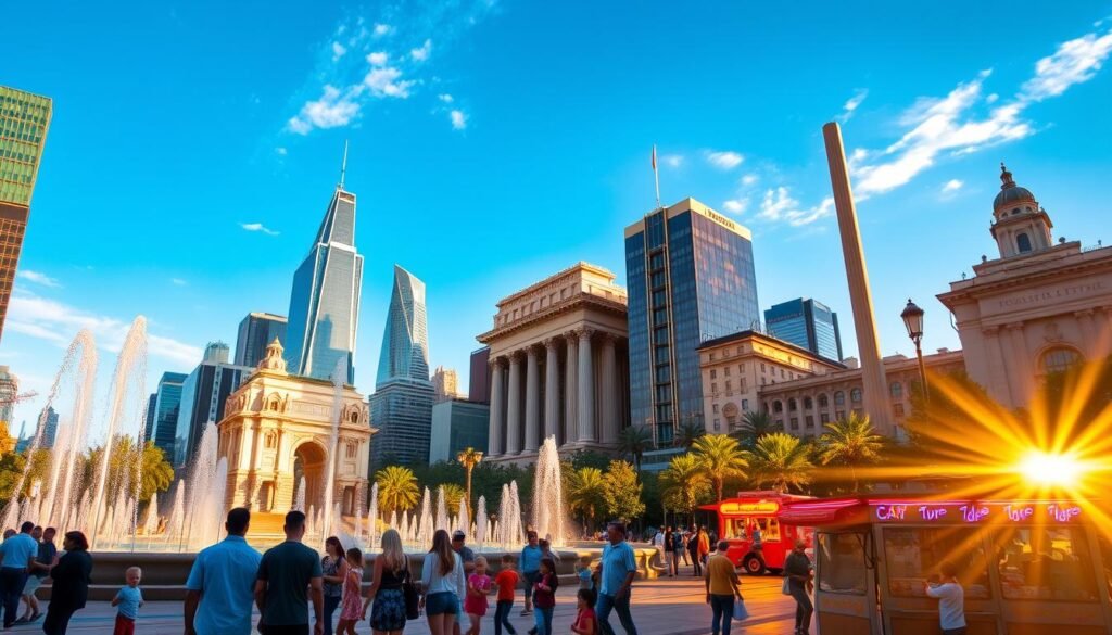 A vibrant cityscape bathed in warm, golden sunlight, showcasing iconic landmarks and attractions that captivate both children and adults. In the foreground, a bustling plaza with families exploring interactive fountains, street performers, and food carts offering delectable treats. The middle ground features towering skyscrapers, their glass facades reflecting the azure sky and sparkling like jewels. In the background, a majestic monument or historic building stands tall, a testament to the city's rich cultural heritage. The scene exudes a sense of wonder, adventure, and joy - the perfect setting for a memorable family outing that won't break the bank.