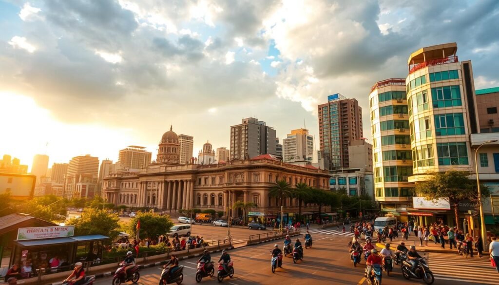 A vibrant cityscape in Hanoi or Ho Chi Minh City, bathed in warm, golden afternoon light. In the foreground, bustling street scenes with local residents navigating motorbikes, bicycles, and crowded sidewalks. In the middle ground, a mix of historic colonial architecture and modern high-rises, their facades reflecting the soft, diffused sunlight. In the background, a dramatic cloudy sky with hints of azure blue peeking through, creating a sense of depth and atmosphere. The overall scene conveys the energy, culture, and unique urban character of Vietnam's iconic cities, set against the backdrop of shifting weather patterns that shape the experience of visiting at different times of year. A vibrant cityscape in Hanoi or Ho Chi Minh City, bathed in warm, golden afternoon light. In the foreground, bustling street scenes with local residents navigating motorbikes, bicycles, and crowded sidewalks. In the middle ground, a mix of historic colonial architecture and modern high-rises, their facades reflecting the soft, diffused sunlight. In the background, a dramatic cloudy sky with hints of azure blue peeking through, creating a sense of depth and atmosphere. The overall scene conveys the energy, culture, and unique urban character of Vietnam's iconic cities, set against the backdrop of shifting weather patterns that shape the experience of visiting at different times of year.
