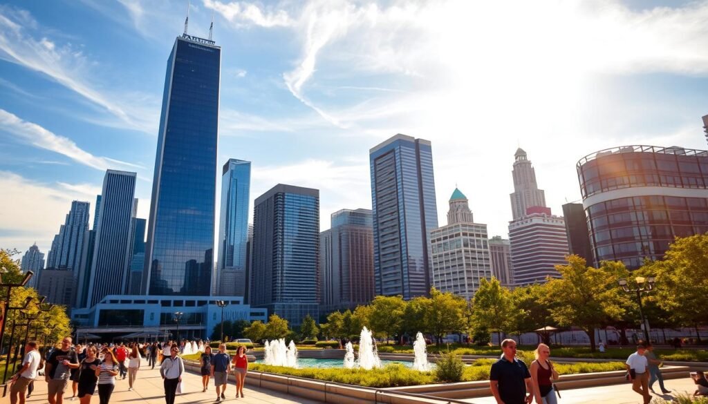 A vibrant cityscape in the heart of Chicago, bathed in the warmth of golden sunlight filtering through wispy clouds. The iconic skyline stands tall, its glass facades reflecting the shifting temperatures of the day. In the foreground, pedestrians move with purpose, their body language and clothing choices hinting at the comfortable, breezy weather. In the middle ground, lush greenery and shimmering water features offer a soothing contrast to the towering skyscrapers. The overall atmosphere radiates a sense of energy and vitality, perfectly capturing the ideal time to explore the city. A vibrant cityscape in the heart of Chicago, bathed in the warmth of golden sunlight filtering through wispy clouds. The iconic skyline stands tall, its glass facades reflecting the shifting temperatures of the day. In the foreground, pedestrians move with purpose, their body language and clothing choices hinting at the comfortable, breezy weather. In the middle ground, lush greenery and shimmering water features offer a soothing contrast to the towering skyscrapers. The overall atmosphere radiates a sense of energy and vitality, perfectly capturing the ideal time to explore the city.