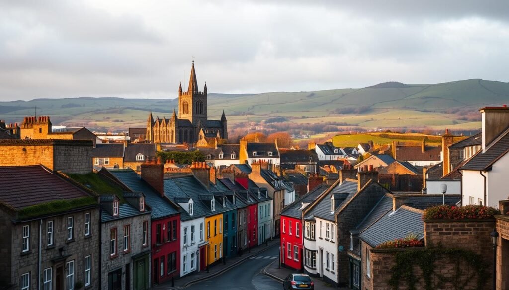 A vibrant cityscape nestled along the rugged Irish coast, bathed in soft, warm light. In the foreground, charming cobblestone streets wind past quaint stone buildings with colorful facades, their windows reflecting the golden hour glow. In the middle ground, a medieval cathedral's spires reach skyward, its gothic architecture a testament to Ireland's rich history. In the distance, rolling green hills dotted with sheep dot the horizon, creating a picturesque contrast to the bustling urban scene. A moody, atmospheric scene that captures the essence of Ireland's unique blend of old-world charm and natural beauty. A vibrant cityscape nestled along the rugged Irish coast, bathed in soft, warm light. In the foreground, charming cobblestone streets wind past quaint stone buildings with colorful facades, their windows reflecting the golden hour glow. In the middle ground, a medieval cathedral's spires reach skyward, its gothic architecture a testament to Ireland's rich history. In the distance, rolling green hills dotted with sheep dot the horizon, creating a picturesque contrast to the bustling urban scene. A moody, atmospheric scene that captures the essence of Ireland's unique blend of old-world charm and natural beauty.