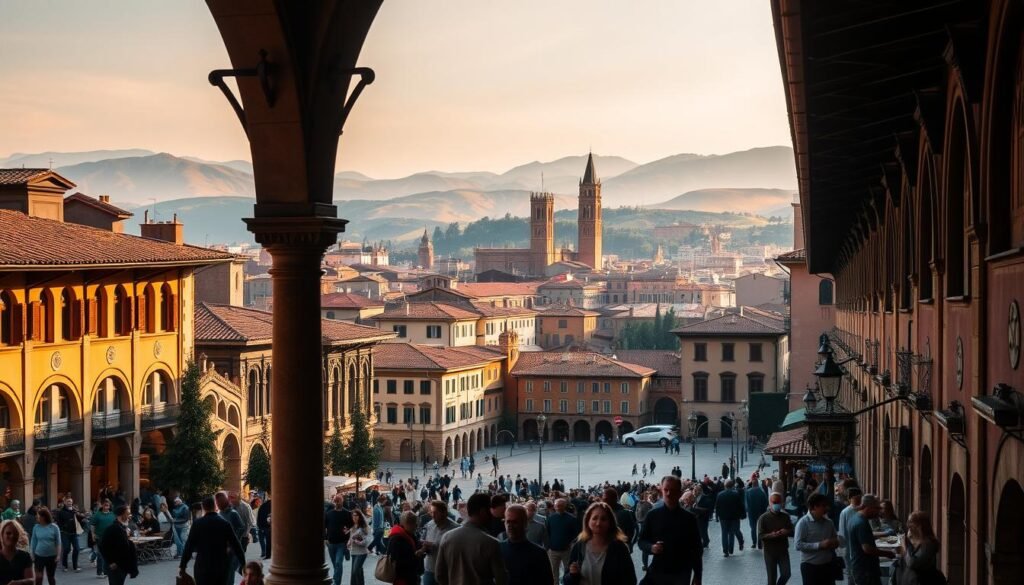 A vibrant cityscape of Bologna, Italy, bathed in warm, golden light. In the foreground, a bustling piazza is lined with charming porticoes, their intricate arches casting soft shadows across the cobblestones. People mill about, sipping espresso and sampling the region's renowned hearty cuisine. In the middle ground, the iconic terracotta-tiled roofs and bell towers of the historic city center rise up, while in the background, the rolling hills of the Emilia-Romagna region provide a picturesque backdrop. The scene conveys a sense of timeless elegance and a lively, welcoming atmosphere. A vibrant cityscape of Bologna, Italy, bathed in warm, golden light. In the foreground, a bustling piazza is lined with charming porticoes, their intricate arches casting soft shadows across the cobblestones. People mill about, sipping espresso and sampling the region's renowned hearty cuisine. In the middle ground, the iconic terracotta-tiled roofs and bell towers of the historic city center rise up, while in the background, the rolling hills of the Emilia-Romagna region provide a picturesque backdrop. The scene conveys a sense of timeless elegance and a lively, welcoming atmosphere.