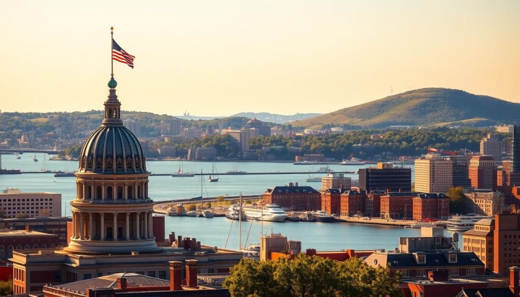 A vibrant cityscape of Boston, Massachusetts, bathed in warm, golden afternoon sunlight. In the foreground, the iconic skyline of the city's downtown, with the distinctive dome of the Massachusetts State House and the soaring skyscrapers of the financial district. In the middle ground, the picturesque harbor, dotted with sailboats and ferries, and the historic buildings of the waterfront. In the background, the gentle slopes of the Boston Harbor Islands, their lush greenery contrasting with the urban landscape. The scene conveys a sense of patriotic pride, with the American flag waving atop the State House, and the harbor breeze adding a refreshing, coastal atmosphere.