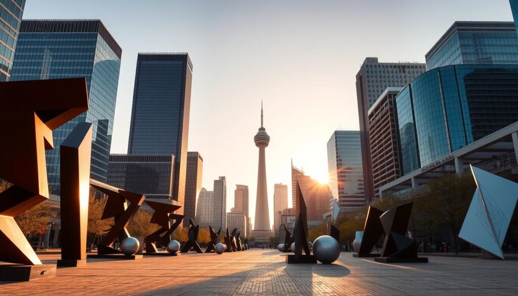 A vibrant cityscape of Dallas, Texas, bathed in warm golden hour light. In the foreground, a dynamic display of contemporary sculptures and art installations, their bold geometric forms casting dramatic shadows across the cobblestone plaza. The middle ground showcases the city's iconic modern architecture, sleek glass skyscrapers and angular steel-and-concrete structures punctuating the skyline. In the distance, the silhouette of the iconic Reunion Tower glows against a hazy, pastel-hued sunset, reflecting the energy and creativity that defines this art-forward city.
