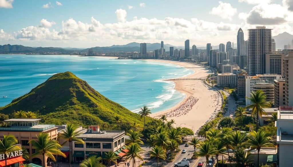 A vibrant cityscape of Honolulu, Hawaii, bathed in warm tropical sunlight. In the foreground, the iconic Diamond Head crater rises majestically, its lush green slopes and rocky cliffs inviting hikers to explore. Amidst the bustling streets, palm trees sway gently, and colorful storefronts and restaurants beckon visitors. In the middle ground, the serene waters of Waikiki Beach stretch out, with beachgoers enjoying the gentle waves and pristine white sand. In the distance, the silhouettes of high-rise buildings and skyscrapers reflect the dynamic, modern character of the city. The scene captures the diverse blend of natural beauty, cultural attractions, and outdoor activities that make Honolulu a premier destination.