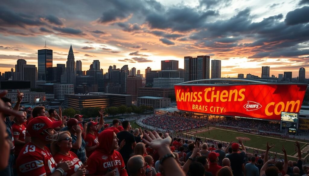 A vibrant cityscape of Kansas City, capturing the electric energy of its sports culture. In the foreground, fans donning the iconic red and gold of the Kansas City Chiefs cheer passionately, their excitement palpable. In the middle ground, the sleek, modern arena of the Kansas City Current soccer team stands tall, its illuminated facade reflecting the dynamism of the sport. The background showcases the dynamic skyline of the city, with skyscrapers and landmarks silhouetted against a dramatic, cinematic sky. The scene is bathed in warm, golden lighting, evoking the thrill and camaraderie of game day in this sports-loving metropolis. A vibrant cityscape of Kansas City, capturing the electric energy of its sports culture. In the foreground, fans donning the iconic red and gold of the Kansas City Chiefs cheer passionately, their excitement palpable. In the middle ground, the sleek, modern arena of the Kansas City Current soccer team stands tall, its illuminated facade reflecting the dynamism of the sport. The background showcases the dynamic skyline of the city, with skyscrapers and landmarks silhouetted against a dramatic, cinematic sky. The scene is bathed in warm, golden lighting, evoking the thrill and camaraderie of game day in this sports-loving metropolis.
