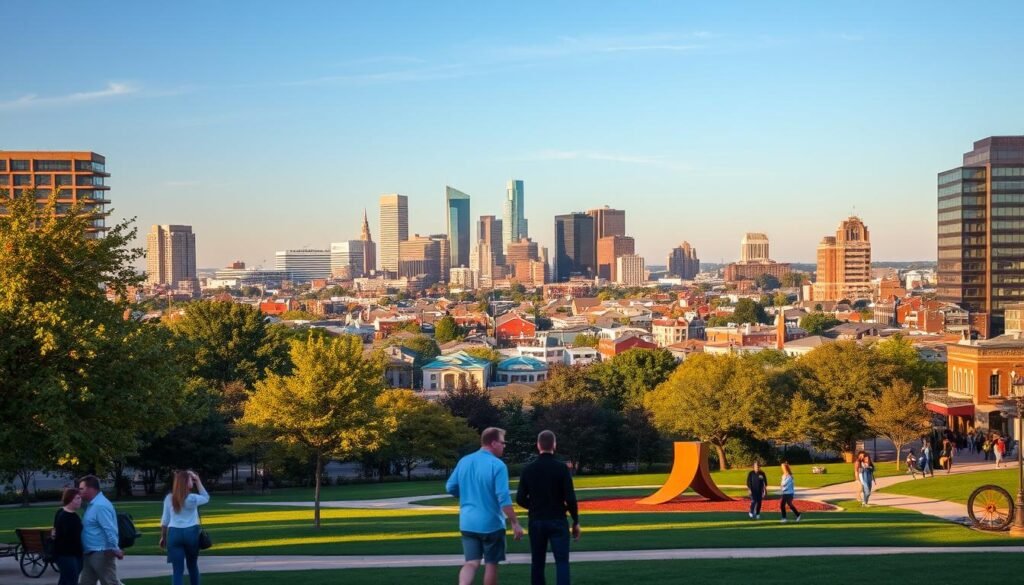 A vibrant cityscape of Kansas City, showcasing its diverse neighborhoods and free attractions. In the foreground, a group of people exploring an urban park, enjoying the lush greenery and public art installations. In the middle ground, the iconic skyline rises, punctuated by the striking architecture of the city's landmark buildings, bathed in warm, golden afternoon light. In the background, a patchwork of residential and commercial districts, each with its own unique character and charm. The scene conveys a sense of exploration, discovery, and the joy of experiencing all that Kansas City has to offer, without the burden of expensive admission fees. A vibrant cityscape of Kansas City, showcasing its diverse neighborhoods and free attractions. In the foreground, a group of people exploring an urban park, enjoying the lush greenery and public art installations. In the middle ground, the iconic skyline rises, punctuated by the striking architecture of the city's landmark buildings, bathed in warm, golden afternoon light. In the background, a patchwork of residential and commercial districts, each with its own unique character and charm. The scene conveys a sense of exploration, discovery, and the joy of experiencing all that Kansas City has to offer, without the burden of expensive admission fees.