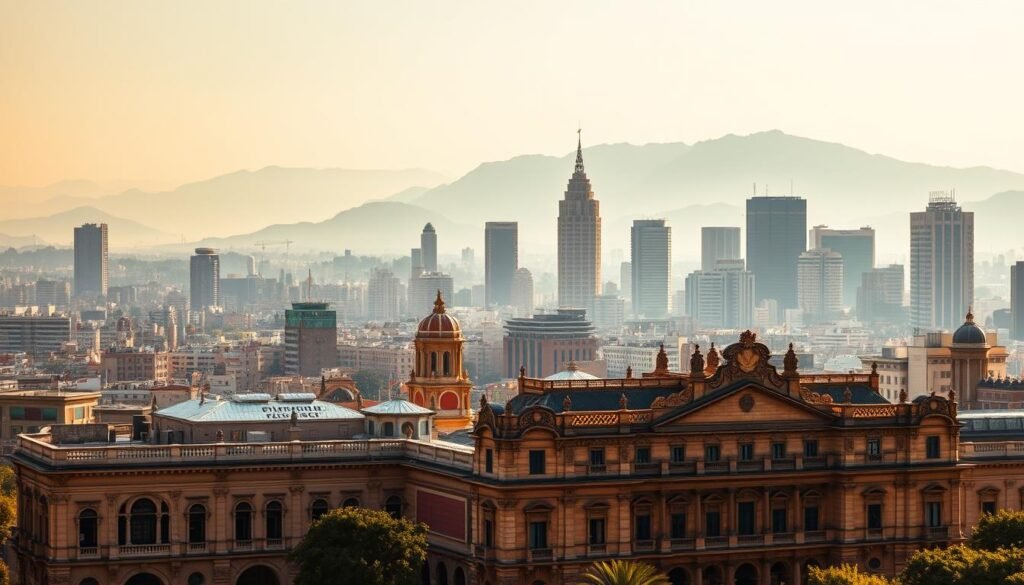 A vibrant cityscape of Mexico City, capturing the rich architectural heritage of the capital. In the foreground, a grand colonial-style building with ornate facades, intricate stone carvings, and arched entryways stands proudly. In the middle ground, modern high-rises and skyscrapers stretch towards the sky, their sleek, angular designs a striking contrast to the historic structures. The background is filled with a hazy, atmospheric skyline, with the distant mountains adding a dramatic, mountainous backdrop. The scene is bathed in warm, golden sunlight, casting deep shadows and highlighting the textures and details of the diverse architectural styles. The overall mood is one of grandeur, history, and the dynamic interplay of old and new in this thriving metropolis. A vibrant cityscape of Mexico City, capturing the rich architectural heritage of the capital. In the foreground, a grand colonial-style building with ornate facades, intricate stone carvings, and arched entryways stands proudly. In the middle ground, modern high-rises and skyscrapers stretch towards the sky, their sleek, angular designs a striking contrast to the historic structures. The background is filled with a hazy, atmospheric skyline, with the distant mountains adding a dramatic, mountainous backdrop. The scene is bathed in warm, golden sunlight, casting deep shadows and highlighting the textures and details of the diverse architectural styles. The overall mood is one of grandeur, history, and the dynamic interplay of old and new in this thriving metropolis.