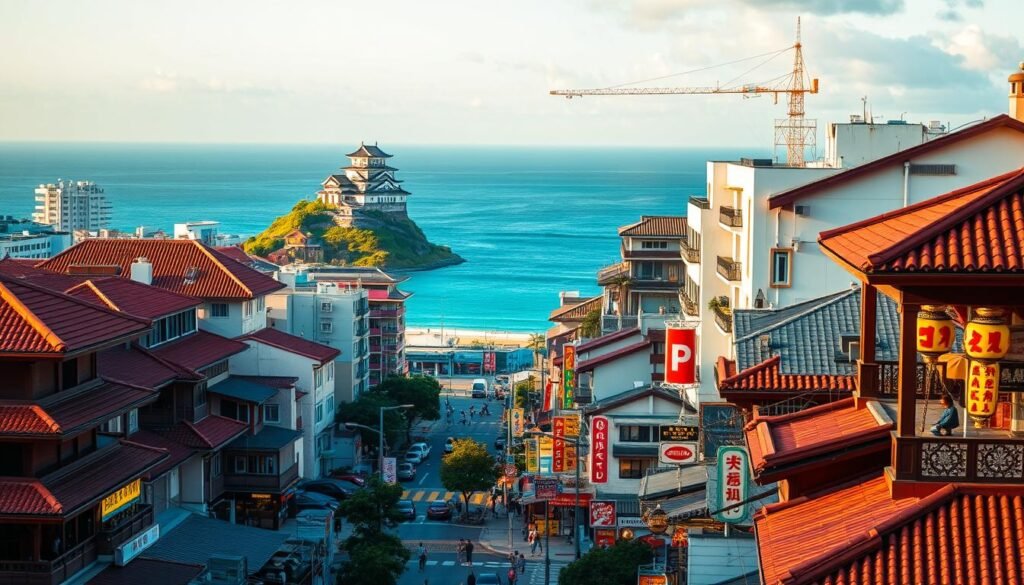 A vibrant cityscape of Naha, the capital of Okinawa, Japan. In the foreground, traditional Ryukyu architecture with its distinct red-tiled roofs and intricate wooden details. In the middle ground, bustling streets lined with local shops, restaurants, and vibrant neon signs reflecting the city's lively nightlife. In the background, the stunning azure waters of the East China Sea meet the horizon, with the iconic Shuri Castle perched atop a verdant hill, symbolizing the region's rich cultural heritage. The scene is bathed in warm, golden afternoon light, casting a welcoming glow over the entire panorama. A lens with a wide focal length captures the grand scale of this captivating Okinawan metropolis.