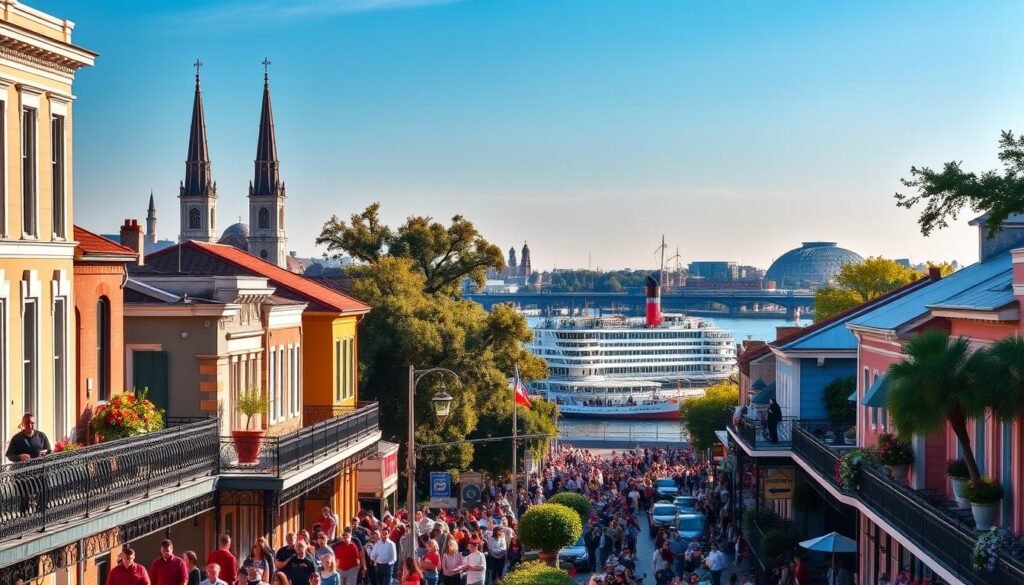 A vibrant cityscape of New Orleans in the height of its seasonal splendor. In the foreground, lively crowds stroll along the iconic French Quarter, its colorful buildings and wrought-iron balconies bathed in warm, golden sunlight. The middle ground features the mighty Mississippi River, its waters reflecting the clear blue sky and the silhouettes of towering steamboats. In the distance, the soaring spires of historic cathedrals and the verdant canopy of live oak trees create a picturesque backdrop, evoking the city's rich cultural heritage. The overall scene exudes an atmosphere of energy, celebration, and the unique joie de vivre that defines New Orleans at the peak of its seasonal allure. A vibrant cityscape of New Orleans in the height of its seasonal splendor. In the foreground, lively crowds stroll along the iconic French Quarter, its colorful buildings and wrought-iron balconies bathed in warm, golden sunlight. The middle ground features the mighty Mississippi River, its waters reflecting the clear blue sky and the silhouettes of towering steamboats. In the distance, the soaring spires of historic cathedrals and the verdant canopy of live oak trees create a picturesque backdrop, evoking the city's rich cultural heritage. The overall scene exudes an atmosphere of energy, celebration, and the unique joie de vivre that defines New Orleans at the peak of its seasonal allure.