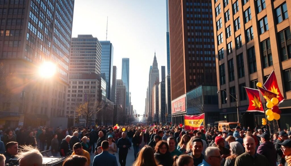 A vibrant cityscape of New York City, captured on a crisp autumn day. In the foreground, a bustling crowd gathers around a lively street performance, the performers' energetic movements and colorful costumes drawing the eye. In the middle ground, the iconic skyscrapers of Manhattan rise up, their glass facades reflecting the sunlight. In the distance, a parade winds its way through the streets, festive banners and balloons adding to the celebratory atmosphere. The scene is bathed in a warm, golden light, creating a sense of energy and excitement. The overall composition conveys the dynamic and lively nature of the events and festivals that are synonymous with the city.