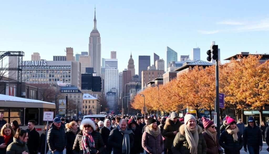 A vibrant cityscape of New York City, showcasing the distinct character of each month. In the foreground, a bustling street scene with locals and tourists bundled up in winter coats, scarves, and hats, enjoying a brisk winter day. In the middle ground, the iconic skyline of Manhattan, with the Empire State Building and other skyscrapers standing tall against a crisp, clear sky. In the background, a warm, autumnal palette of trees lining the streets, hinting at the changing seasons. The lighting is soft and natural, capturing the essence of the city at different times of the year. The overall atmosphere conveys the dynamic, ever-evolving nature of New York City, inviting the viewer to explore its charms throughout the calendar.