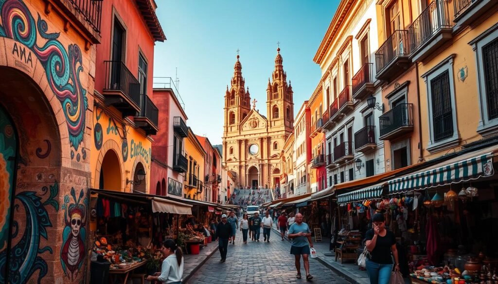 A vibrant cityscape of Oaxaca, Mexico, with its colonial architecture and cobblestone streets. In the foreground, colorful murals and intricate street art adorn the walls, capturing the essence of the local culture. The middle ground features bustling market stalls, where vendors sell handcrafted textiles, pottery, and the renowned Oaxacan mezcal. In the background, the iconic Church of Santo Domingo de Guzmán stands tall, its towering spires and ornate facade bathed in warm, golden sunlight. The scene is imbued with a sense of energy and celebration, reflecting the spirit of Oaxaca's renowned Day of the Dead festivities.