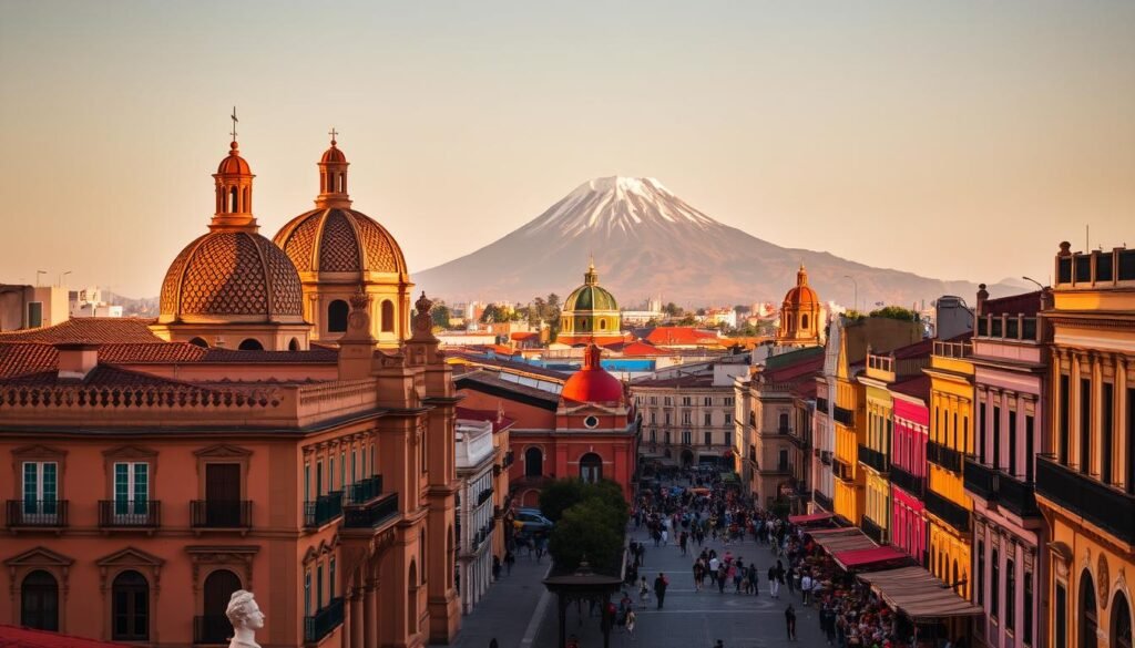A vibrant cityscape of Puebla, Mexico, bathed in warm, golden light. In the foreground, the iconic tiled domes and spires of the Puebla Cathedral rise majestically, their intricate Baroque facades gleaming. Surrounding the cathedral, charming colonial buildings with colorful facades line narrow cobblestone streets, their windows adorned with vibrant Talavera tiles. In the middle ground, the bustling Plaza de Armas is filled with locals and tourists alike, enjoying the lively atmosphere and the aroma of authentic Mexican cuisine. In the distance, the imposing Popocatépetl volcano looms, its snow-capped peak providing a dramatic backdrop to this picturesque city. The overall scene conveys a sense of timeless elegance and cultural richness, capturing the essence of Puebla's architectural beauty and culinary delights.