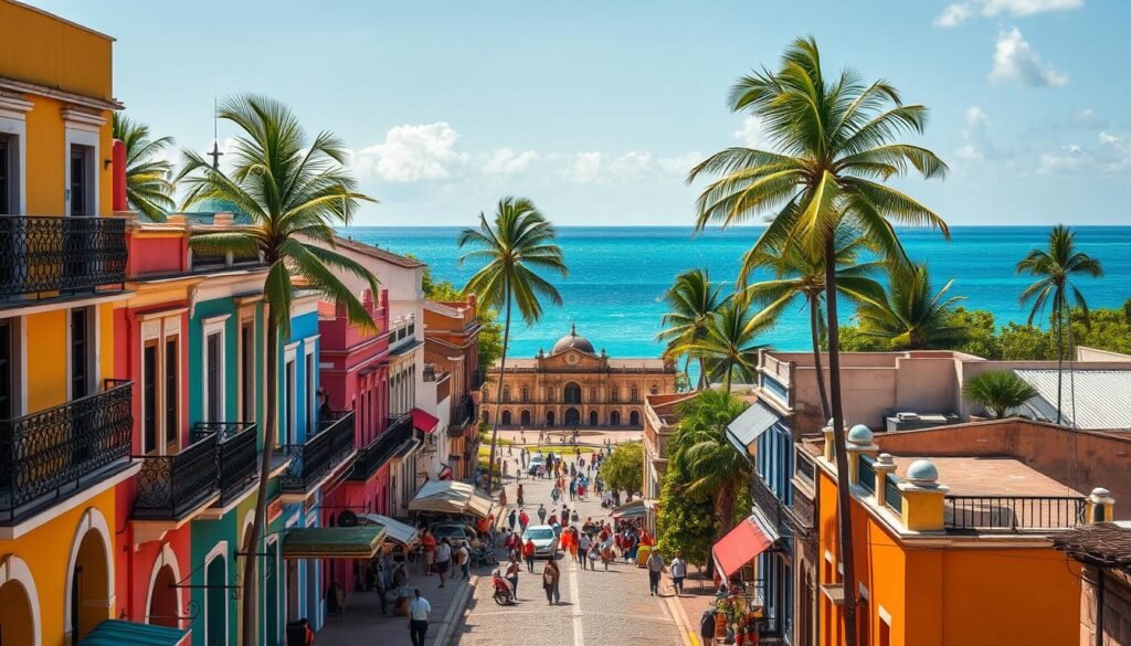 A vibrant cityscape of Santo Domingo, the capital of the Dominican Republic, bathed in warm Caribbean sunlight. In the foreground, colorful colonial-style buildings with intricate wrought-iron balconies line the bustling cobblestone streets, filled with local vendors and lively pedestrians. In the middle ground, the historic Alcázar de Colón, a 16th-century palace, stands as a testament to the island's rich cultural heritage. Beyond, the shimmering azure waters of the Caribbean Sea meet the horizon, framed by swaying palm trees and lush tropical foliage. An atmosphere of vibrant culture, inviting hospitality, and endless adventure permeates the scene, capturing the essence of the Dominican Republic as a captivating Caribbean destination. A vibrant cityscape of Santo Domingo, the capital of the Dominican Republic, bathed in warm Caribbean sunlight. In the foreground, colorful colonial-style buildings with intricate wrought-iron balconies line the bustling cobblestone streets, filled with local vendors and lively pedestrians. In the middle ground, the historic Alcázar de Colón, a 16th-century palace, stands as a testament to the island's rich cultural heritage. Beyond, the shimmering azure waters of the Caribbean Sea meet the horizon, framed by swaying palm trees and lush tropical foliage. An atmosphere of vibrant culture, inviting hospitality, and endless adventure permeates the scene, capturing the essence of the Dominican Republic as a captivating Caribbean destination.
