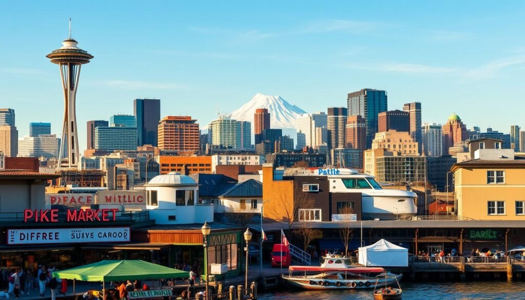 A vibrant cityscape of Seattle, Washington on a crisp, sunny day. In the foreground, a bustling waterfront with the iconic Pike Place Market, its vendors selling fresh seafood, produce, and artisanal crafts. In the middle ground, the towering skyline of downtown Seattle, with the sleek glass-and-steel towers of the modern business district contrasted by the stately historic architecture. In the background, the majestic Mount Rainier, its snow-capped peak piercing the azure sky. The scene is illuminated by warm, golden natural lighting, casting a serene, postcard-perfect atmosphere. A perfect representation of the best time to visit Seattle, capturing the city's unique blend of natural splendor and urban dynamism. A vibrant cityscape of Seattle, Washington on a crisp, sunny day. In the foreground, a bustling waterfront with the iconic Pike Place Market, its vendors selling fresh seafood, produce, and artisanal crafts. In the middle ground, the towering skyline of downtown Seattle, with the sleek glass-and-steel towers of the modern business district contrasted by the stately historic architecture. In the background, the majestic Mount Rainier, its snow-capped peak piercing the azure sky. The scene is illuminated by warm, golden natural lighting, casting a serene, postcard-perfect atmosphere. A perfect representation of the best time to visit Seattle, capturing the city's unique blend of natural splendor and urban dynamism.