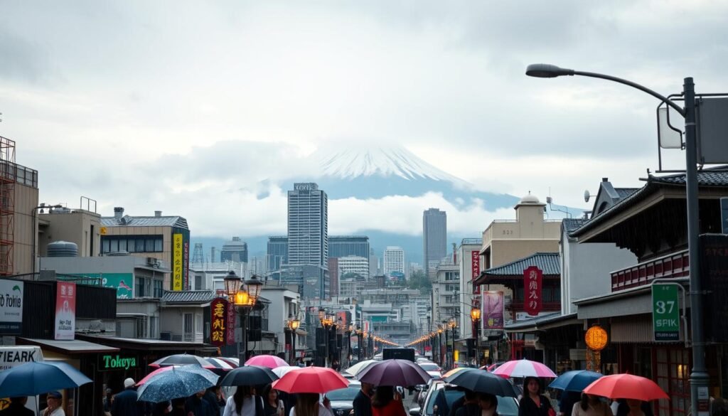 A vibrant cityscape of Tokyo, Japan, against a backdrop of shifting weather patterns. In the foreground, a bustling street scene with umbrellas and pedestrians navigating the changing conditions. The middle ground features a mix of modern skyscrapers and traditional architecture, their details visible through the mist or rain. In the distance, the iconic Mount Fuji rises majestically, its summit partially obscured by clouds. The lighting is a combination of soft, diffused daylight and the warm glow of streetlamps, creating an atmospheric and ethereal ambiance. The overall mood reflects the dynamic and ever-evolving nature of Tokyo's weather and seasons. A vibrant cityscape of Tokyo, Japan, against a backdrop of shifting weather patterns. In the foreground, a bustling street scene with umbrellas and pedestrians navigating the changing conditions. The middle ground features a mix of modern skyscrapers and traditional architecture, their details visible through the mist or rain. In the distance, the iconic Mount Fuji rises majestically, its summit partially obscured by clouds. The lighting is a combination of soft, diffused daylight and the warm glow of streetlamps, creating an atmospheric and ethereal ambiance. The overall mood reflects the dynamic and ever-evolving nature of Tokyo's weather and seasons.