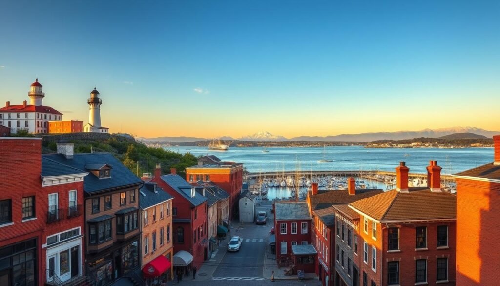 A vibrant cityscape overlooking the serene waters of Casco Bay, with the iconic Portland Head Light standing tall on the rocky coastline. In the foreground, quaint cobblestone streets are lined with historic brick buildings housing artisanal shops, cafes, and craft breweries. The mid-ground features the bustling Old Port district, its working harbor peppered with fishing boats and sailboats. In the background, the majestic silhouette of the White Mountains rises against a sky painted with warm, golden hues as the sun dips below the horizon, casting a soft, romantic glow over the entire scene. A quintessential view of Portland, Maine - a foodie's paradise and a haven for outdoor enthusiasts. A vibrant cityscape overlooking the serene waters of Casco Bay, with the iconic Portland Head Light standing tall on the rocky coastline. In the foreground, quaint cobblestone streets are lined with historic brick buildings housing artisanal shops, cafes, and craft breweries. The mid-ground features the bustling Old Port district, its working harbor peppered with fishing boats and sailboats. In the background, the majestic silhouette of the White Mountains rises against a sky painted with warm, golden hues as the sun dips below the horizon, casting a soft, romantic glow over the entire scene. A quintessential view of Portland, Maine - a foodie's paradise and a haven for outdoor enthusiasts.