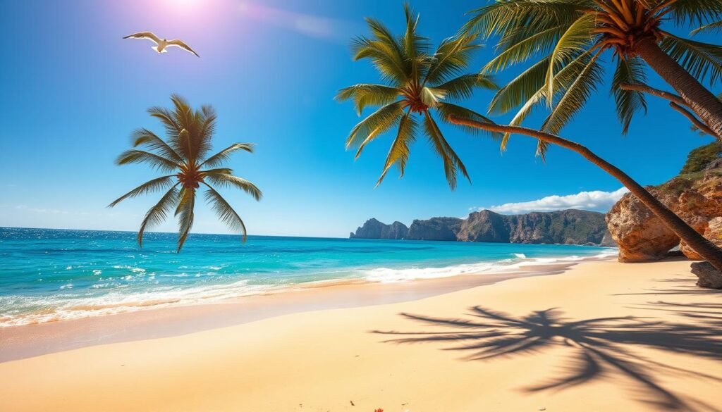 A vibrant coastal paradise, sun-drenched beaches stretch as far as the eye can see. Crystal-clear turquoise waters lap gently against the soft, golden sand, inviting visitors to dip their toes and bask in the warmth. Majestic palm trees sway in the gentle breeze, casting dappled shadows on the shore. In the distance, rugged cliffs rise up, their jagged silhouettes framed by a brilliant azure sky. Seabirds soar overhead, their cries adding to the serene, tranquil atmosphere. This idyllic scene, bathed in the warm glow of the November sun, captures the essence of the perfect beach getaway. A vibrant coastal paradise, sun-drenched beaches stretch as far as the eye can see. Crystal-clear turquoise waters lap gently against the soft, golden sand, inviting visitors to dip their toes and bask in the warmth. Majestic palm trees sway in the gentle breeze, casting dappled shadows on the shore. In the distance, rugged cliffs rise up, their jagged silhouettes framed by a brilliant azure sky. Seabirds soar overhead, their cries adding to the serene, tranquil atmosphere. This idyllic scene, bathed in the warm glow of the November sun, captures the essence of the perfect beach getaway.