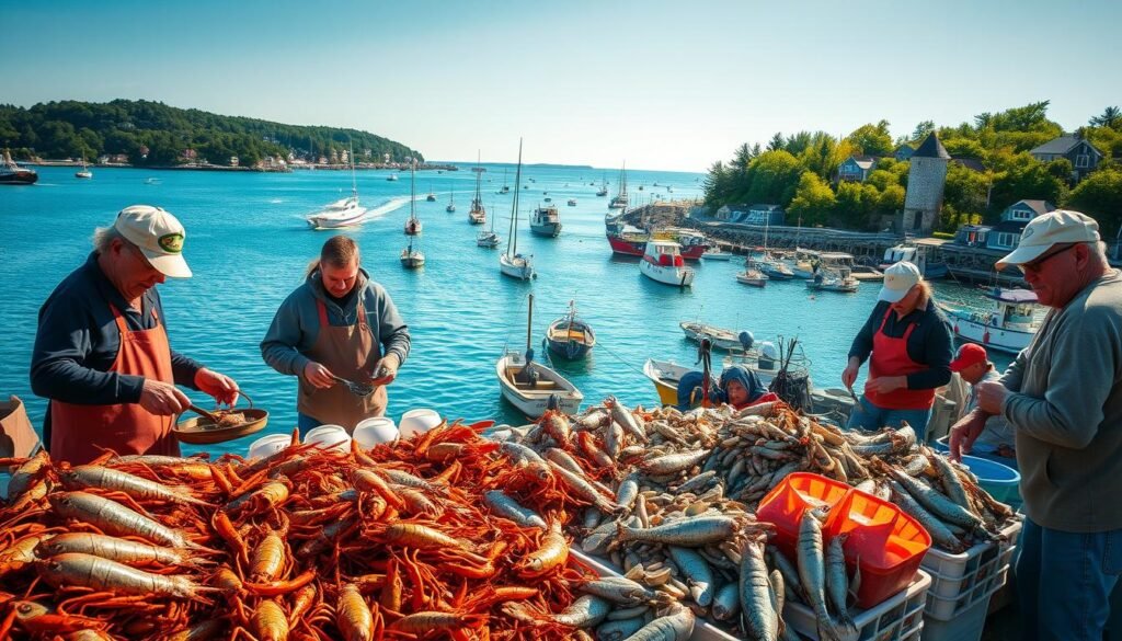 A vibrant coastal scene, captured under the warm glow of the afternoon sun. In the foreground, a group of local fishermen expertly sorting and preparing their bountiful catch of the day - shimmering lobsters, glistening clams, and fresh-caught fish. In the middle ground, a bustling harbor filled with colorful fishing boats bobbing gently on the calm, azure waters. In the background, a picturesque Maine shoreline dotted with charming seaside cottages and lush, verdant foliage. The overall mood is one of productivity, tranquility, and the celebration of the region's renowned seafood heritage. A vibrant coastal scene, captured under the warm glow of the afternoon sun. In the foreground, a group of local fishermen expertly sorting and preparing their bountiful catch of the day - shimmering lobsters, glistening clams, and fresh-caught fish. In the middle ground, a bustling harbor filled with colorful fishing boats bobbing gently on the calm, azure waters. In the background, a picturesque Maine shoreline dotted with charming seaside cottages and lush, verdant foliage. The overall mood is one of productivity, tranquility, and the celebration of the region's renowned seafood heritage.