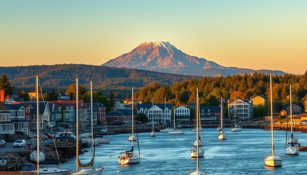A vibrant coastal town nestled on the rocky shores of Mount Desert Island, Bar Harbor offers a breathtaking gateway to Acadia National Park. Capture the charm of its historic downtown, where colorful clapboard buildings line the bustling streets. In the foreground, sailboats gently sway in the harbor, their masts reflecting the warm glow of the setting sun. In the middle ground, lush forests and rugged cliffs rise up, inviting visitors to explore the park's renowned hiking trails. In the distance, the iconic Cadillac Mountain stands tall, its summit bathed in a soft, golden light. Convey a sense of adventure and natural beauty, with a cinematic, wide-angle lens that showcases the picturesque harmony of land and sea. A vibrant coastal town nestled on the rocky shores of Mount Desert Island, Bar Harbor offers a breathtaking gateway to Acadia National Park. Capture the charm of its historic downtown, where colorful clapboard buildings line the bustling streets. In the foreground, sailboats gently sway in the harbor, their masts reflecting the warm glow of the setting sun. In the middle ground, lush forests and rugged cliffs rise up, inviting visitors to explore the park's renowned hiking trails. In the distance, the iconic Cadillac Mountain stands tall, its summit bathed in a soft, golden light. Convey a sense of adventure and natural beauty, with a cinematic, wide-angle lens that showcases the picturesque harmony of land and sea.