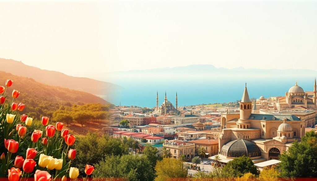 A vibrant collage of Turkey's monthly highlights, shot with a vintage camera lens. In the foreground, lush landscapes in bloom - tulips in April, olive groves in September, snowcapped peaks in January. The middle ground features bustling city scenes, from the spice markets of Istanbul in July to the festive streets of Cappadocia in December. In the distance, a hazy blue horizon, evoking the serene Mediterranean coastline. Warm, golden lighting bathes the entire composition, creating a nostalgic, timeless atmosphere. Subtle film grain and a slight vignette add to the authentic, travel-journal aesthetic.
