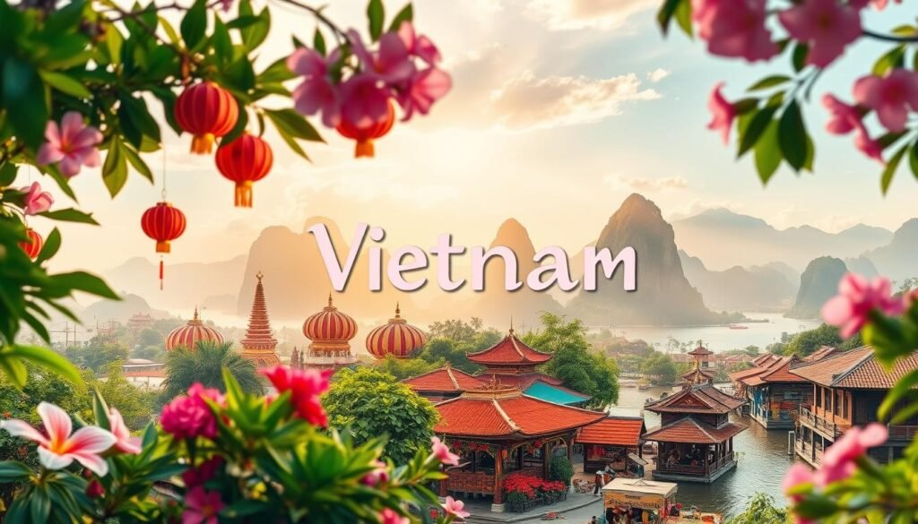 A vibrant collage of Vietnam's monthly highlights, captured in a painterly style. In the foreground, lush tropical foliage and blooming flowers frame the scene. The middle ground showcases a variety of cultural elements, from traditional lanterns and pagodas to bustling local markets. In the background, a softly blurred landscape unfolds, with towering mountains, serene rivers, and picturesque villages. The lighting is warm and golden, evoking a sense of timeless wonder. The overall composition conveys the rich tapestry of experiences that Vietnam offers throughout the year, inviting the viewer to immerse themselves in the country's diverse beauty and cultural heritage. A vibrant collage of Vietnam's monthly highlights, captured in a painterly style. In the foreground, lush tropical foliage and blooming flowers frame the scene. The middle ground showcases a variety of cultural elements, from traditional lanterns and pagodas to bustling local markets. In the background, a softly blurred landscape unfolds, with towering mountains, serene rivers, and picturesque villages. The lighting is warm and golden, evoking a sense of timeless wonder. The overall composition conveys the rich tapestry of experiences that Vietnam offers throughout the year, inviting the viewer to immerse themselves in the country's diverse beauty and cultural heritage.