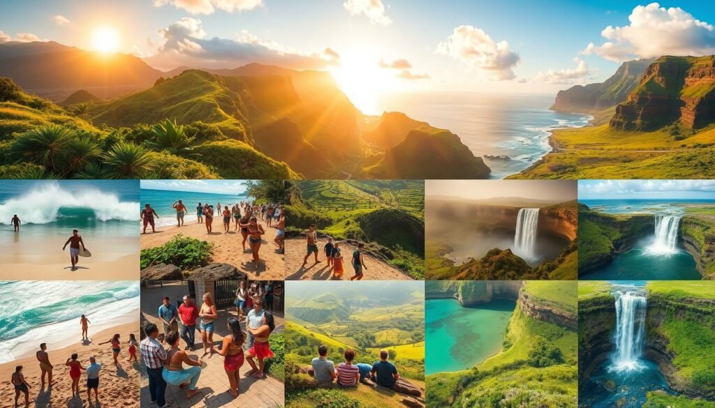 A vibrant collage showcasing the diverse weather activities and events throughout the Hawaiian islands. In the foreground, locals and visitors enjoy an array of outdoor pursuits - surfers catching waves under a golden sun, hikers exploring lush tropical trails, and beachgoers lounging on pristine white sands. In the middle ground, colorful festivals and cultural celebrations unfold, with dancers in traditional costumes and lively music filling the air. The background features dramatic volcanic landscapes, cascading waterfalls, and serene ocean vistas that change with the seasons - from lush green valleys during the rainy months to the sun-drenched splendor of the dry season. Crisp, high-resolution imagery captures the rich tapestry of experiences that make Hawaii an alluring year-round destination. A vibrant collage showcasing the diverse weather activities and events throughout the Hawaiian islands. In the foreground, locals and visitors enjoy an array of outdoor pursuits - surfers catching waves under a golden sun, hikers exploring lush tropical trails, and beachgoers lounging on pristine white sands. In the middle ground, colorful festivals and cultural celebrations unfold, with dancers in traditional costumes and lively music filling the air. The background features dramatic volcanic landscapes, cascading waterfalls, and serene ocean vistas that change with the seasons - from lush green valleys during the rainy months to the sun-drenched splendor of the dry season. Crisp, high-resolution imagery captures the rich tapestry of experiences that make Hawaii an alluring year-round destination.