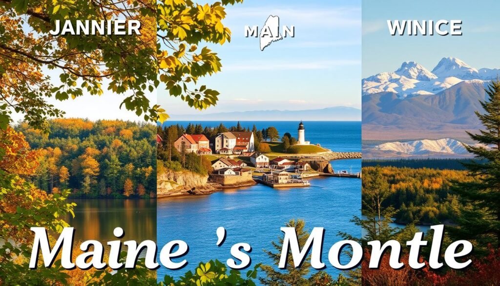A vibrant collage showcasing the month-by-month highlights of Maine's natural beauty and seasonal charms. In the foreground, a lush green forest canopy frames a serene lake, its still waters reflecting the golden hues of autumn foliage. In the middle ground, a picturesque coastal town nestled between rugged cliffs and a sparkling ocean, its historic lighthouses and fishing piers bathed in warm, golden sunlight. In the background, majestic snow-capped mountains rise, their peaks kissed by a soft, ethereal mist. The overall scene conveys a sense of tranquility, wonder, and the cyclical ebb and flow of Maine's captivating landscapes throughout the year. A vibrant collage showcasing the month-by-month highlights of Maine's natural beauty and seasonal charms. In the foreground, a lush green forest canopy frames a serene lake, its still waters reflecting the golden hues of autumn foliage. In the middle ground, a picturesque coastal town nestled between rugged cliffs and a sparkling ocean, its historic lighthouses and fishing piers bathed in warm, golden sunlight. In the background, majestic snow-capped mountains rise, their peaks kissed by a soft, ethereal mist. The overall scene conveys a sense of tranquility, wonder, and the cyclical ebb and flow of Maine's captivating landscapes throughout the year.