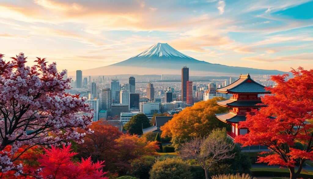 A vibrant collage showcasing the seasonal delights of Tokyo throughout the year, captured in a cinematic wide-angle lens. In the foreground, a tranquil Japanese garden in bloom, with a meticulous arrangement of cherry blossoms, maple leaves, and autumn foliage. The middle ground features the iconic cityscape, framed by a mix of modern skyscrapers and historic temples, bathed in the warm glow of the changing seasons. The background extends to a panoramic view of Mount Fuji, its snow-capped peaks standing tall against a sky that transitions from azure to fiery sunsets. The overall mood evokes a sense of wonder and anticipation, inviting the viewer to immerse themselves in the captivating rhythms of Tokyo's ever-evolving landscape. A vibrant collage showcasing the seasonal delights of Tokyo throughout the year, captured in a cinematic wide-angle lens. In the foreground, a tranquil Japanese garden in bloom, with a meticulous arrangement of cherry blossoms, maple leaves, and autumn foliage. The middle ground features the iconic cityscape, framed by a mix of modern skyscrapers and historic temples, bathed in the warm glow of the changing seasons. The background extends to a panoramic view of Mount Fuji, its snow-capped peaks standing tall against a sky that transitions from azure to fiery sunsets. The overall mood evokes a sense of wonder and anticipation, inviting the viewer to immerse themselves in the captivating rhythms of Tokyo's ever-evolving landscape.