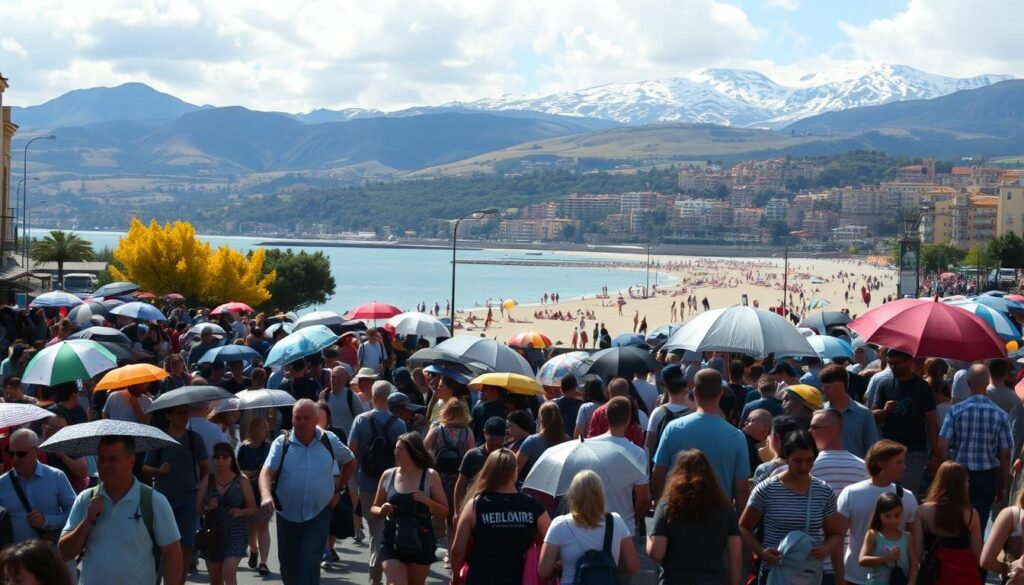 A vibrant crowd of people exploring Spain's diverse landscapes, set against a backdrop of changing weather patterns. In the foreground, groups of tourists stroll through bustling city streets, umbrellas in hand as light rain falls. In the middle ground, families lounge on sun-drenched beaches, enjoying the gentle breeze. In the distance, rolling hills and snow-capped mountains indicate the shifting seasons, with pockets of fall foliage and winter snowfall. The scene is captured with a wide, cinematic lens, showcasing the dynamic and ever-evolving nature of Spain's weather and crowds throughout the year. A vibrant crowd of people exploring Spain's diverse landscapes, set against a backdrop of changing weather patterns. In the foreground, groups of tourists stroll through bustling city streets, umbrellas in hand as light rain falls. In the middle ground, families lounge on sun-drenched beaches, enjoying the gentle breeze. In the distance, rolling hills and snow-capped mountains indicate the shifting seasons, with pockets of fall foliage and winter snowfall. The scene is captured with a wide, cinematic lens, showcasing the dynamic and ever-evolving nature of Spain's weather and crowds throughout the year.