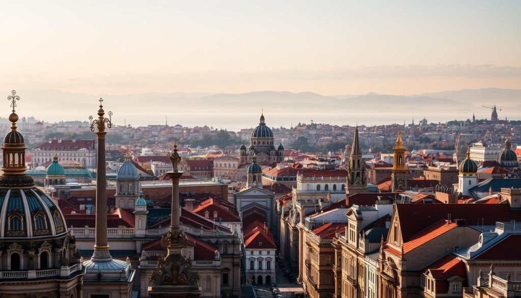 A vibrant, culture-rich city skyline bathed in warm, golden sunlight. In the foreground, bustling streets lined with ornate, historic buildings in a variety of architectural styles - ornate domes, spires, and intricate facades. In the middle ground, a majestic, iconic landmark such as a grand cathedral or ancient palace rises majestically, surrounded by a sea of colorful, tightly-packed rooftops. In the background, a range of distant, hazy mountains or a sparkling coastline create a stunning, picturesque backdrop. The scene radiates an atmosphere of timeless elegance, diversity, and timeless wonder, capturing the essence of a quintessential, world-class travel destination. A vibrant, culture-rich city skyline bathed in warm, golden sunlight. In the foreground, bustling streets lined with ornate, historic buildings in a variety of architectural styles - ornate domes, spires, and intricate facades. In the middle ground, a majestic, iconic landmark such as a grand cathedral or ancient palace rises majestically, surrounded by a sea of colorful, tightly-packed rooftops. In the background, a range of distant, hazy mountains or a sparkling coastline create a stunning, picturesque backdrop. The scene radiates an atmosphere of timeless elegance, diversity, and timeless wonder, capturing the essence of a quintessential, world-class travel destination.