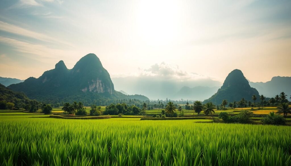A vibrant, detailed landscape showcasing the diverse regional weather patterns of Vietnam. In the foreground, lush, verdant rice paddies stretch towards the horizon, their emerald hues reflecting the warm, humid tropical climate. In the middle ground, towering limestone karsts rise dramatically, their rugged surfaces bathed in the golden glow of the sun. In the distance, a majestic mountain range is shrouded in a wispy veil of fog, hinting at the cooler, more temperate conditions found at higher elevations. The scene is illuminated by soft, diffused lighting, capturing the natural beauty and unique regional variations that make Vietnam such an alluring travel destination. A vibrant, detailed landscape showcasing the diverse regional weather patterns of Vietnam. In the foreground, lush, verdant rice paddies stretch towards the horizon, their emerald hues reflecting the warm, humid tropical climate. In the middle ground, towering limestone karsts rise dramatically, their rugged surfaces bathed in the golden glow of the sun. In the distance, a majestic mountain range is shrouded in a wispy veil of fog, hinting at the cooler, more temperate conditions found at higher elevations. The scene is illuminated by soft, diffused lighting, capturing the natural beauty and unique regional variations that make Vietnam such an alluring travel destination.