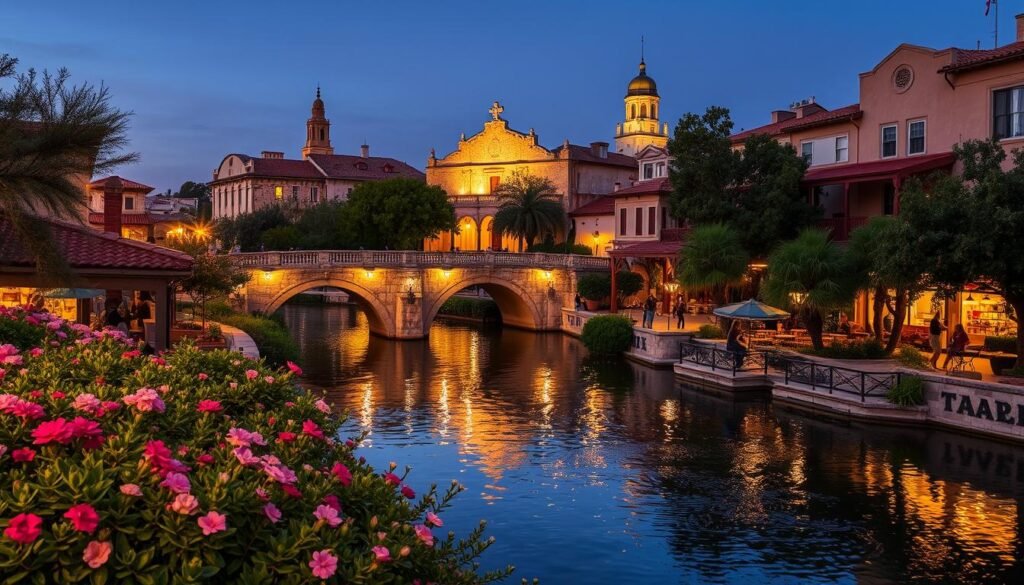 A vibrant evening scene along the enchanting San Antonio River Walk, where the historic stone pathways and bridges are bathed in warm, ambient lighting. In the foreground, lush foliage and blooming flowers line the riverbanks, casting gentle reflections on the still waters. In the middle ground, people stroll leisurely, exploring the charming shops, cafes, and restaurants that line the walkways. In the distance, the iconic Spanish colonial architecture of the surrounding buildings stands tall, creating a picturesque backdrop that evokes the rich cultural heritage of this beloved Texas destination. The overall mood is one of tranquility, wonder, and a sense of timeless elegance.
