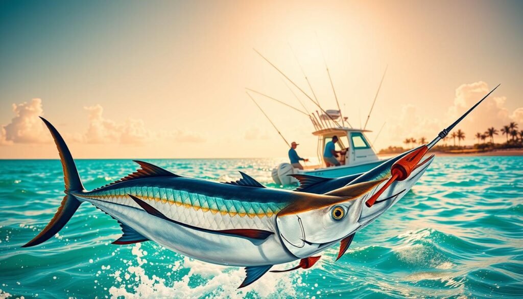 A vibrant fishing calendar set against the backdrop of the turquoise Bahamian waters. In the foreground, a detailed illustration of the key gamefish - a majestic wahoo, a sleek tuna, and a vibrant mahi-mahi. The middle ground features a sun-dappled charter boat with anglers reeling in their catch, while the distant horizon is dotted with palm trees and a cloudless sky. Warm, golden lighting casts a natural glow over the scene, captured with a wide-angle lens to emphasize the expansive tropical setting. The overall mood is one of excitement and anticipation, inviting the viewer to plan their ultimate Bahamian fishing adventure.