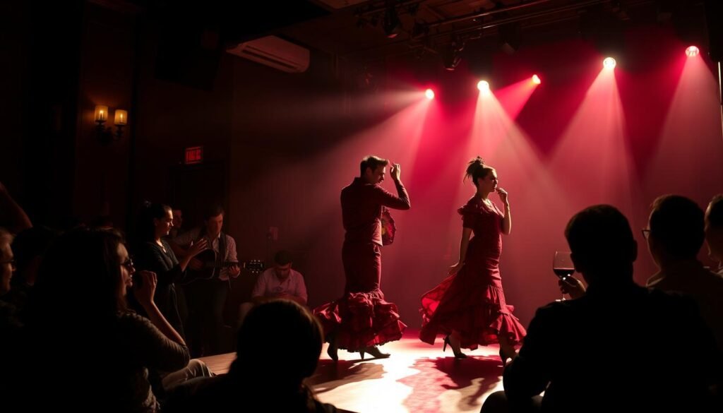 A vibrant flamenco night in the heart of Madrid, captured in a warm, intimate setting. Dramatic shadows cast across the stage, highlighting the passionate movements of the dancers as they sway and stamp to the rhythmic guitar and percussive clapping. The audience, immersed in the captivating performance, sits in dimly lit corners, their faces aglow with the energy of the moment. The air is thick with the aroma of Spanish red wine and the sultry energy of the performance. A masterful blend of traditional and contemporary, this is a night to remember in the vibrant cultural tapestry of the city.