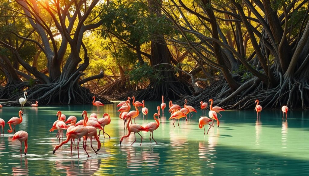 A vibrant flock of flamingos gracefully wading through the shallow, turquoise waters of the Celestún Biosphere Reserve. Towering mangrove trees line the tranquil lagoon, their twisted roots reflecting in the still surface. Warm, golden sunlight filters through the lush canopy, casting a soft, ethereal glow over the scene. In the foreground, the long-legged, elegant birds feed, their vivid pink plumage contrasting beautifully against the verdant backdrop. The overall atmosphere is one of serene natural wonder, inviting the viewer to immerse themselves in the untamed beauty of this Mexican wildlife sanctuary.