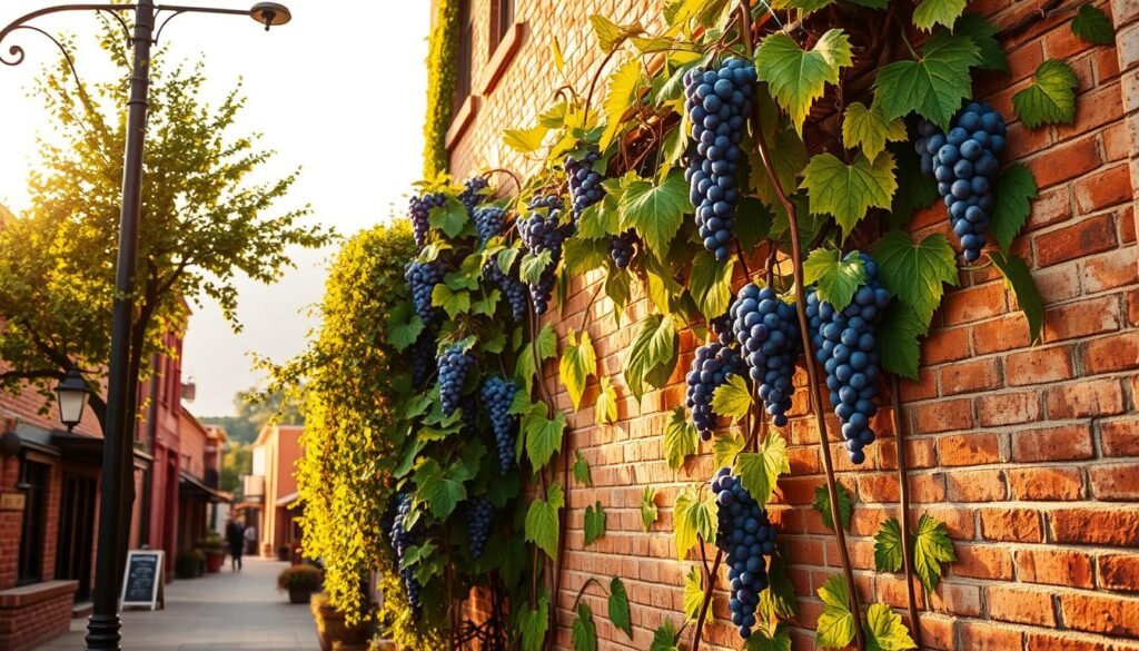 A vibrant grapevine-inspired mural adorns the side of a vintage brick building, its lush vines and clusters of plump grapes interwoven with abstract shapes and patterns. The scene is bathed in warm, golden light, casting a soft, painterly glow across the textured surface. In the foreground, the grapevine art cascades down, interacting with the old-world architecture and creating an engaging visual interplay. The background hints at a quaint, historic town setting, with the subtle silhouettes of buildings and the promise of quiet, charming streets beyond. This captivating piece seamlessly blends nature, art, and architectural heritage, embodying the spirit of Grapevine's wine country charm and artistic vibrancy.