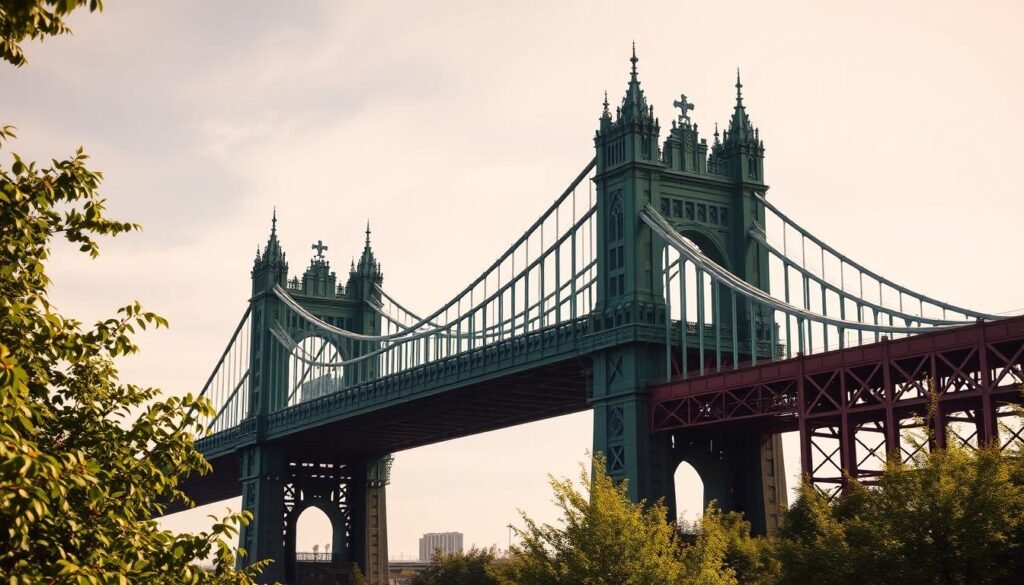 A vibrant, high-resolution image of the iconic St. Johns Bridge in Portland, Oregon, showcasing its majestic green towers against a clear sky. The bridge's graceful suspension cables and elegant Gothic-inspired architecture are captured in a mid-range perspective, emphasizing the structure's impressive scale and commanding presence. The foreground features lush, verdant foliage from the surrounding landscape, while the background subtly hints at the city's skyline. The lighting is warm and natural, creating a serene, atmospheric ambiance that accentuates the bridge's historic significance and its status as a beloved Portland landmark.