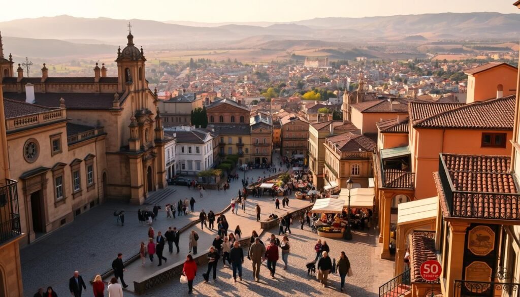 A vibrant, historic city nestled in the heart of central Spain, bathed in warm, golden sunlight. Cobblestone streets wind through a charming old town, flanked by centuries-old cathedrals and stately plazas. In the foreground, locals stroll leisurely, pausing to admire the intricate architecture and lively street performers. The middle ground reveals a bustling marketplace, bursting with the colors and aromas of local produce and crafts. In the distance, rolling hills and a picturesque skyline create a serene, timeless backdrop. The scene conveys a sense of timeless beauty, rich history, and the unhurried pace of life in this UNESCO-protected gem of central Spain. A vibrant, historic city nestled in the heart of central Spain, bathed in warm, golden sunlight. Cobblestone streets wind through a charming old town, flanked by centuries-old cathedrals and stately plazas. In the foreground, locals stroll leisurely, pausing to admire the intricate architecture and lively street performers. The middle ground reveals a bustling marketplace, bursting with the colors and aromas of local produce and crafts. In the distance, rolling hills and a picturesque skyline create a serene, timeless backdrop. The scene conveys a sense of timeless beauty, rich history, and the unhurried pace of life in this UNESCO-protected gem of central Spain.