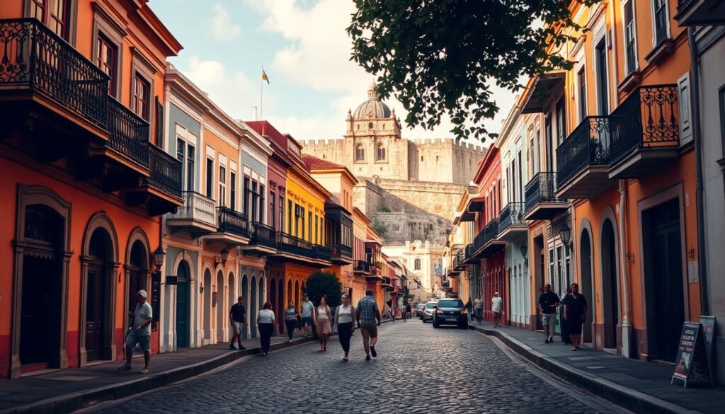 A vibrant, historic streetscape in the heart of Old San Juan, Puerto Rico. In the foreground, a charming cobblestone road winds through a vibrant array of colorful colonial-era buildings, their ornate balconies and ornamental facades bathed in warm, golden sunlight. Middle ground features pedestrians strolling along the sidewalks, immersed in the bustling energy of this timeless district. In the background, the iconic fortified walls of El Morro castle stand sentinel, a testament to centuries of history. The scene exudes a timeless, atmospheric quality, showcasing the enduring beauty and character of this remarkable Caribbean city. A vibrant, historic streetscape in the heart of Old San Juan, Puerto Rico. In the foreground, a charming cobblestone road winds through a vibrant array of colorful colonial-era buildings, their ornate balconies and ornamental facades bathed in warm, golden sunlight. Middle ground features pedestrians strolling along the sidewalks, immersed in the bustling energy of this timeless district. In the background, the iconic fortified walls of El Morro castle stand sentinel, a testament to centuries of history. The scene exudes a timeless, atmospheric quality, showcasing the enduring beauty and character of this remarkable Caribbean city.
