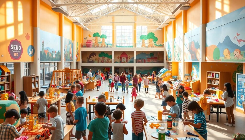 A vibrant, inviting children's museum, bathed in warm, natural light pouring through large windows. In the foreground, groups of young visitors engaged in hands-on, interactive exhibits - building structures, exploring science experiments, and unleashing their creativity through art projects. The middle ground features an open, airy central atrium with high ceilings, allowing for a sense of exploration and discovery. In the background, whimsical murals and colorful displays stimulate the senses, creating a stimulating, educational environment for curious minds.