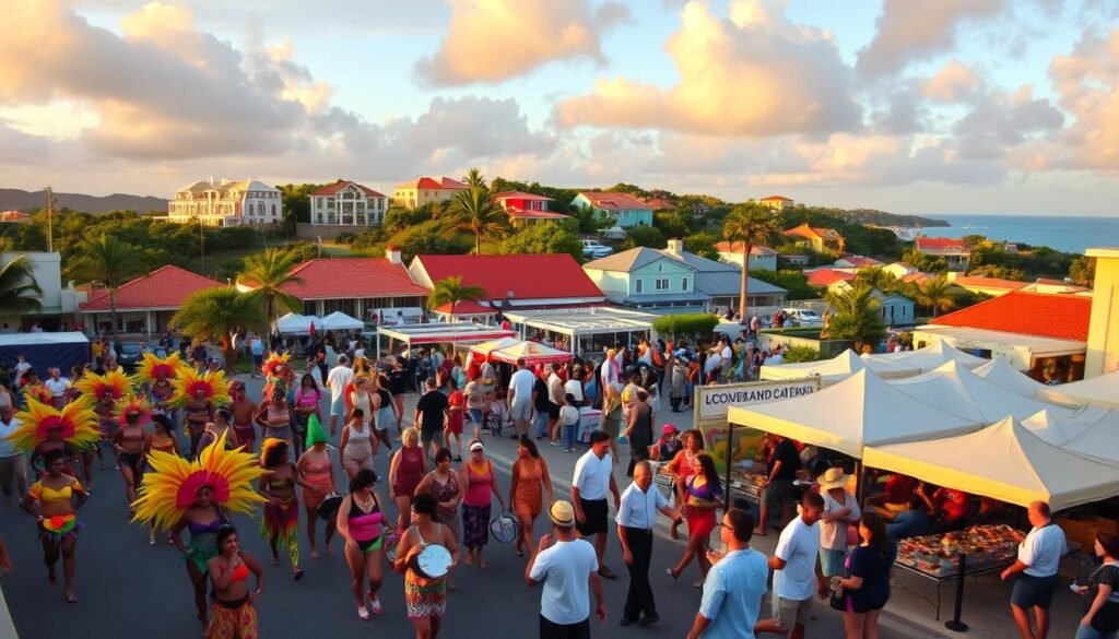 A vibrant island scene at golden hour, capturing the essence of Bermuda's captivating events and cultural traditions. In the foreground, a lively carnival parade with costumed dancers, colorful banners, and the rhythmic beats of steel drums. In the middle ground, locals and visitors alike gathered around open-air markets, browsing handcrafted wares and sampling island delicacies. In the background, the iconic pastel-hued houses and lush, verdant landscapes that define Bermuda's picturesque charm. Warm, diffused lighting casts a soft, enchanting glow over the entire scene, evoking a sense of timeless tropical allure. A vibrant island scene at golden hour, capturing the essence of Bermuda's captivating events and cultural traditions. In the foreground, a lively carnival parade with costumed dancers, colorful banners, and the rhythmic beats of steel drums. In the middle ground, locals and visitors alike gathered around open-air markets, browsing handcrafted wares and sampling island delicacies. In the background, the iconic pastel-hued houses and lush, verdant landscapes that define Bermuda's picturesque charm. Warm, diffused lighting casts a soft, enchanting glow over the entire scene, evoking a sense of timeless tropical allure.