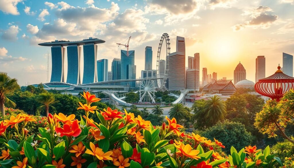 A vibrant, kaleidoscopic collage showcasing the diverse moods and experiences of Singapore throughout the year. In the foreground, lush tropical foliage and blooming flowers set the scene, their vivid hues illuminated by warm, golden sunlight. The middle ground features iconic landmarks like the Marina Bay Sands and the Singapore Flyer, capturing the dynamic cityscape. In the background, a range of seasonal elements emerge - from the lively festivities of Chinese New Year to the tranquil serenity of the Rainy Season. The overall composition evokes a sense of Singapore's multifaceted charm, inviting the viewer to explore the unique charm of each month.