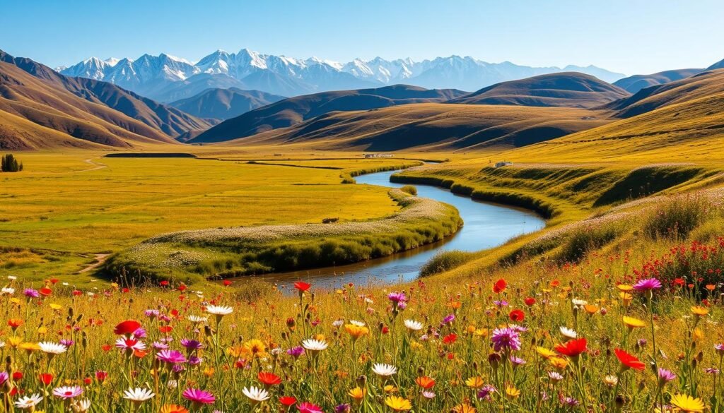 A vibrant landscape bursting with the essence of spring in Morocco. In the foreground, a lush field of colorful wildflowers sways gently in the warm breeze, their petals dancing in the soft, golden light. In the middle ground, a winding stream reflects the clear blue sky, its banks dotted with clusters of fragrant blooms. Towering in the background, the majestic Atlas Mountains stand tall, their snow-capped peaks forming a striking contrast against the verdant hillsides. The scene exudes a sense of renewal and tranquility, capturing the beauty and vitality of the Moroccan countryside during this magical time of year. A vibrant landscape bursting with the essence of spring in Morocco. In the foreground, a lush field of colorful wildflowers sways gently in the warm breeze, their petals dancing in the soft, golden light. In the middle ground, a winding stream reflects the clear blue sky, its banks dotted with clusters of fragrant blooms. Towering in the background, the majestic Atlas Mountains stand tall, their snow-capped peaks forming a striking contrast against the verdant hillsides. The scene exudes a sense of renewal and tranquility, capturing the beauty and vitality of the Moroccan countryside during this magical time of year.