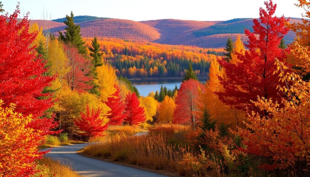 A vibrant landscape of fall foliage in Maine, captured during the peak of the season. In the foreground, a winding forest path is flanked by a riot of color - crimson maples, golden birches, and burnt orange oaks. The middle ground features a tranquil lake, its surface reflecting the brilliant hues of the surrounding trees. In the distance, rolling hills dotted with evergreens provide a serene backdrop, bathed in the warm, hazy light of an early autumn afternoon. The scene conveys a sense of cozy, inviting charm, perfectly encapsulating the beauty and charm of a Maine fall. A vibrant landscape of fall foliage in Maine, captured during the peak of the season. In the foreground, a winding forest path is flanked by a riot of color - crimson maples, golden birches, and burnt orange oaks. The middle ground features a tranquil lake, its surface reflecting the brilliant hues of the surrounding trees. In the distance, rolling hills dotted with evergreens provide a serene backdrop, bathed in the warm, hazy light of an early autumn afternoon. The scene conveys a sense of cozy, inviting charm, perfectly encapsulating the beauty and charm of a Maine fall.