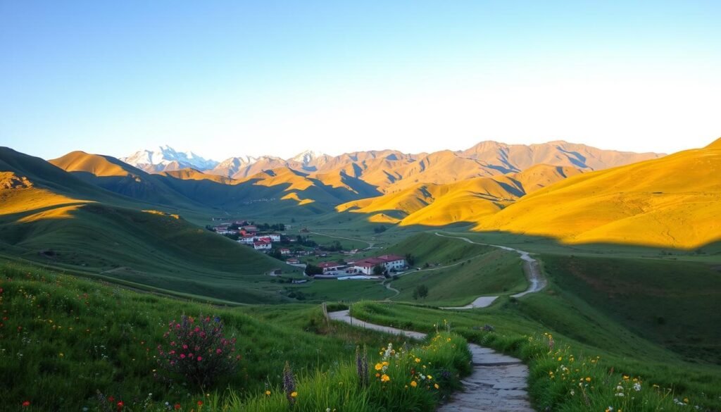 A vibrant landscape of the Andes mountains in Peru, captured in the soft, golden light of the afternoon. In the foreground, a winding path leads through lush, verdant hills dotted with colorful wildflowers. In the middle ground, a traditional Peruvian village nestles among the rolling hills, its red-tiled roofs and whitewashed walls reflecting the warm hues of the sky. In the distance, the majestic peaks of the Andes rise up, their snow-capped summits glimmering under the fading sunlight. The scene conveys a sense of tranquility and timelessness, inviting the viewer to explore the rich cultural and natural wonders of Peru. A vibrant landscape of the Andes mountains in Peru, captured in the soft, golden light of the afternoon. In the foreground, a winding path leads through lush, verdant hills dotted with colorful wildflowers. In the middle ground, a traditional Peruvian village nestles among the rolling hills, its red-tiled roofs and whitewashed walls reflecting the warm hues of the sky. In the distance, the majestic peaks of the Andes rise up, their snow-capped summits glimmering under the fading sunlight. The scene conveys a sense of tranquility and timelessness, inviting the viewer to explore the rich cultural and natural wonders of Peru.