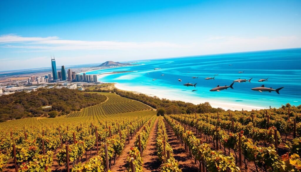 A vibrant landscape showcasing the natural wonders of Western Australia. In the foreground, the sun-drenched city of Perth stands tall, its skyscrapers glittering under a cloudless azure sky. In the middle ground, the lush vineyards of Margaret River stretch out, their rows of vines heavy with ripe grapes ready for harvest. In the distance, the crystal-clear waters of Ningaloo Reef teem with majestic whale sharks, their gentle giants gliding through the turquoise waves. The scene is bathed in warm, golden light, capturing the essence of Western Australia's diverse beauty and the perfect time to visit this remarkable region. A vibrant landscape showcasing the natural wonders of Western Australia. In the foreground, the sun-drenched city of Perth stands tall, its skyscrapers glittering under a cloudless azure sky. In the middle ground, the lush vineyards of Margaret River stretch out, their rows of vines heavy with ripe grapes ready for harvest. In the distance, the crystal-clear waters of Ningaloo Reef teem with majestic whale sharks, their gentle giants gliding through the turquoise waves. The scene is bathed in warm, golden light, capturing the essence of Western Australia's diverse beauty and the perfect time to visit this remarkable region.