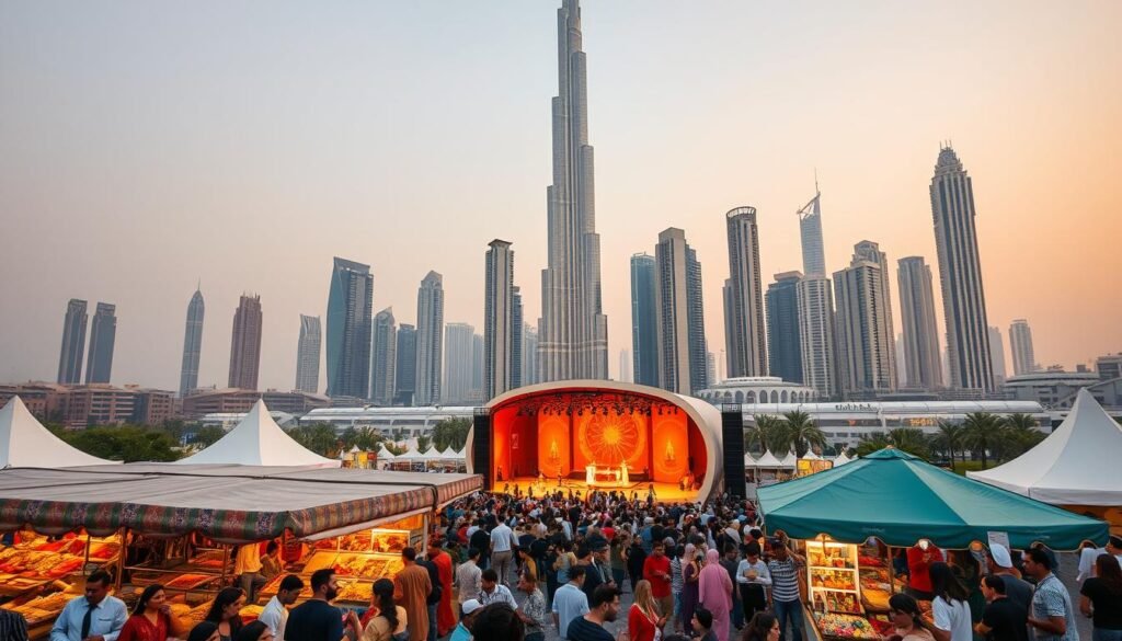 A vibrant, lively scene of Dubai's most captivating events and festivals. In the foreground, a bustling crowd gathers around colorful stalls, filled with traditional crafts, spices, and local delicacies. In the middle ground, a grand stage comes alive with energetic performers showcasing cultural dances and music. The background is dominated by the iconic skyline of Dubai, with its towering skyscrapers and the glittering Burj Khalifa as the centerpiece, all bathed in warm, golden evening light. The atmosphere is one of celebration, cultural exchange, and a sense of discovery, perfectly capturing the essence of Dubai's vibrant event calendar.